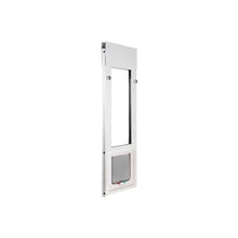 A white-framed sliding glass door insert with a pet door is shown.