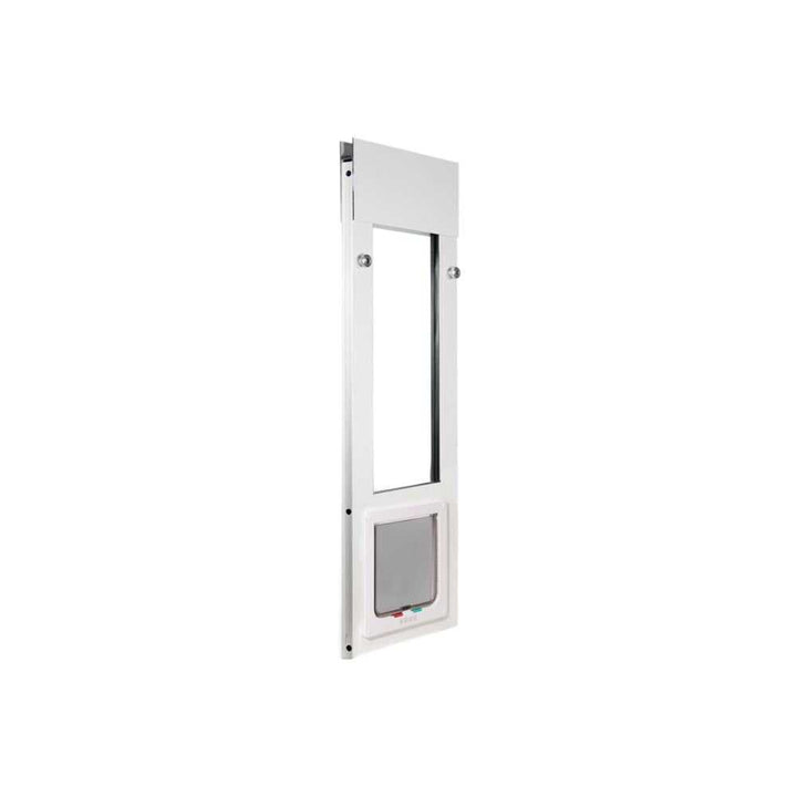 A white-framed sliding glass door insert with a pet door is shown.