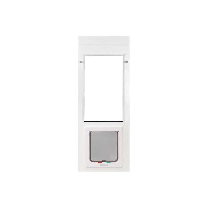 White pet door with adjustable panel.