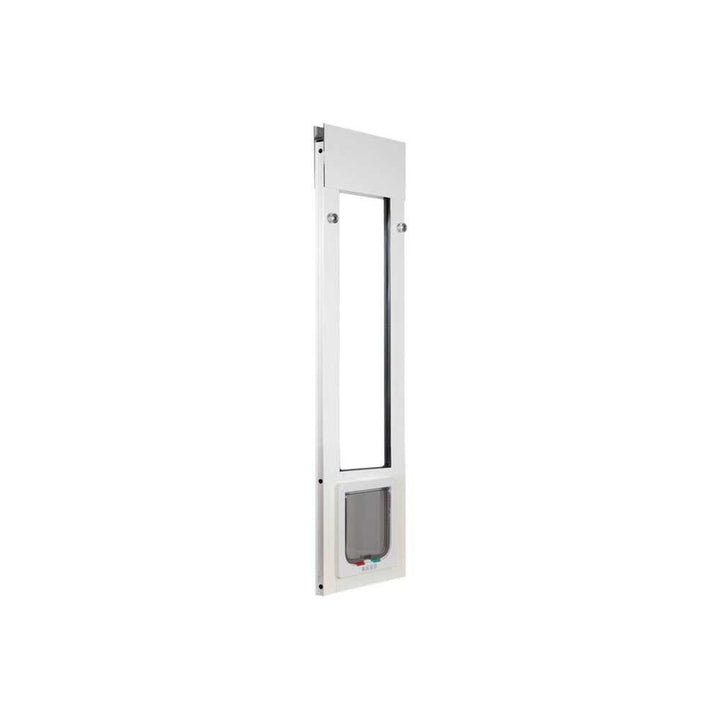 White sliding glass door insert with a pet door.