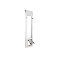 A white patio door insert with a pet door at the bottom.