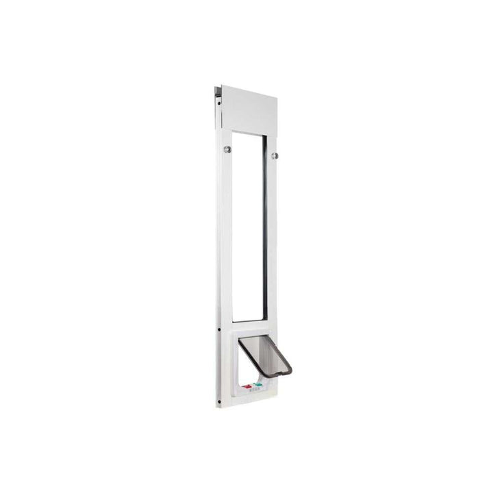 A white patio door insert with a pet door at the bottom.