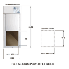 Diagram illustrating the dimensions of a PX-1 Medium Power Pet Door and its required wall cutout.